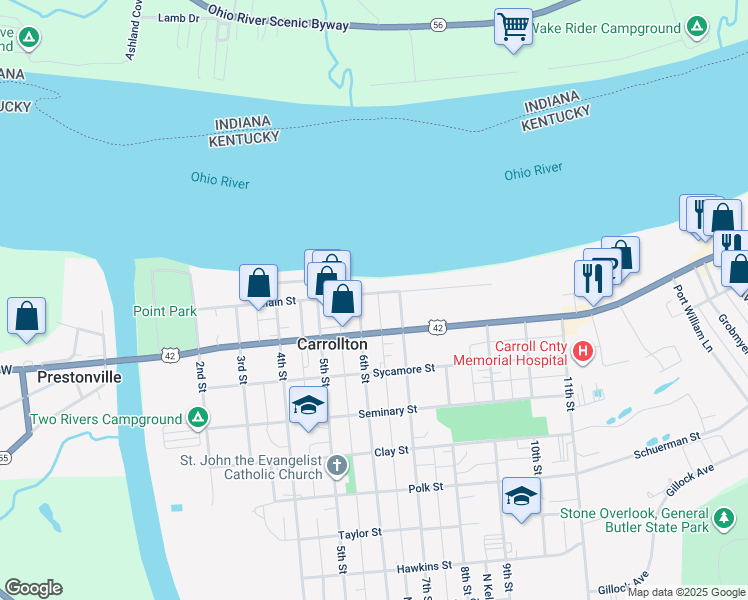 map of restaurants, bars, coffee shops, grocery stores, and more near 610 Main Street in Carrollton