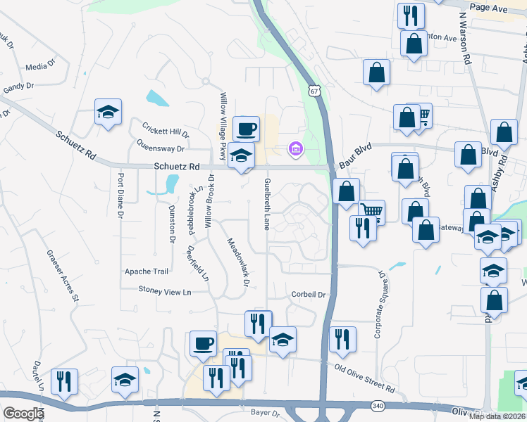 map of restaurants, bars, coffee shops, grocery stores, and more near 10388 Oxford Hill Drive in St. Louis