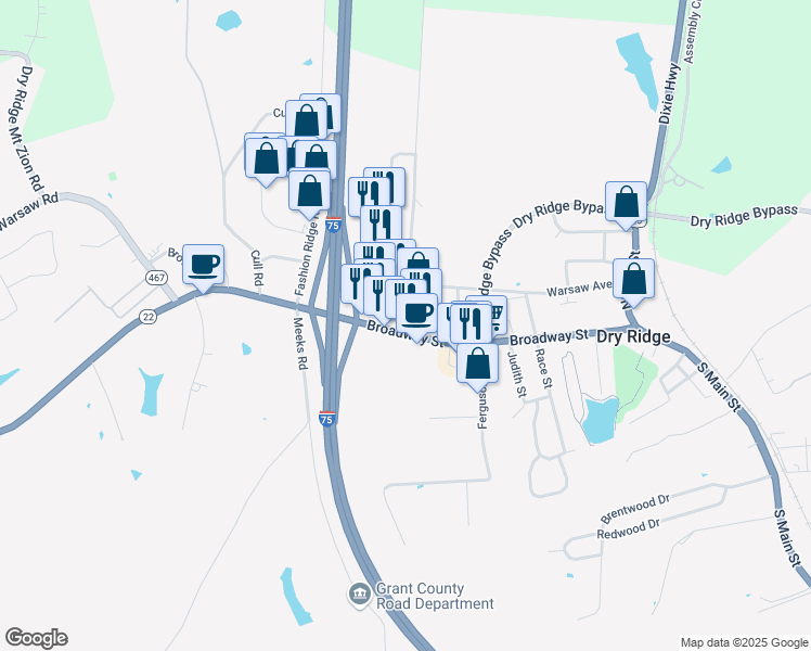 map of restaurants, bars, coffee shops, grocery stores, and more near McCoy Road in Dry Ridge