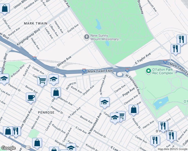map of restaurants, bars, coffee shops, grocery stores, and more near 4456 Bircher Boulevard in St. Louis