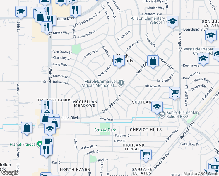 map of restaurants, bars, coffee shops, grocery stores, and more near 6312 Claussen Way in North Highlands