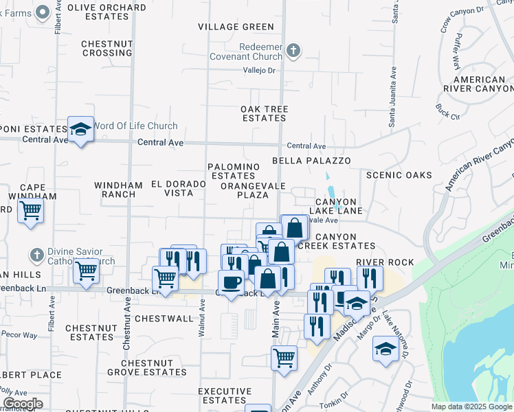 map of restaurants, bars, coffee shops, grocery stores, and more near 6412 Benning Street in Orangevale