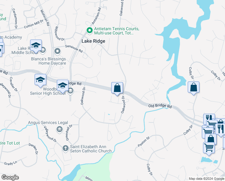 map of restaurants, bars, coffee shops, grocery stores, and more near Old Bridge Road in Woodbridge