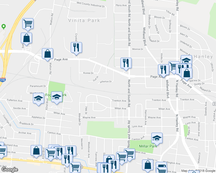 map of restaurants, bars, coffee shops, grocery stores, and more near 8422 Atherton Drive in St. Louis