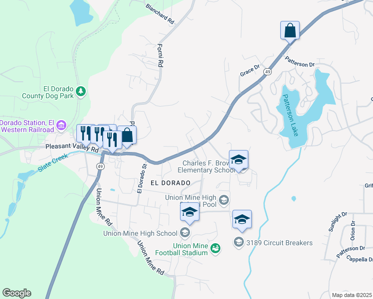 map of restaurants, bars, coffee shops, grocery stores, and more near 6400 Pleasant Valley Road in El Dorado County
