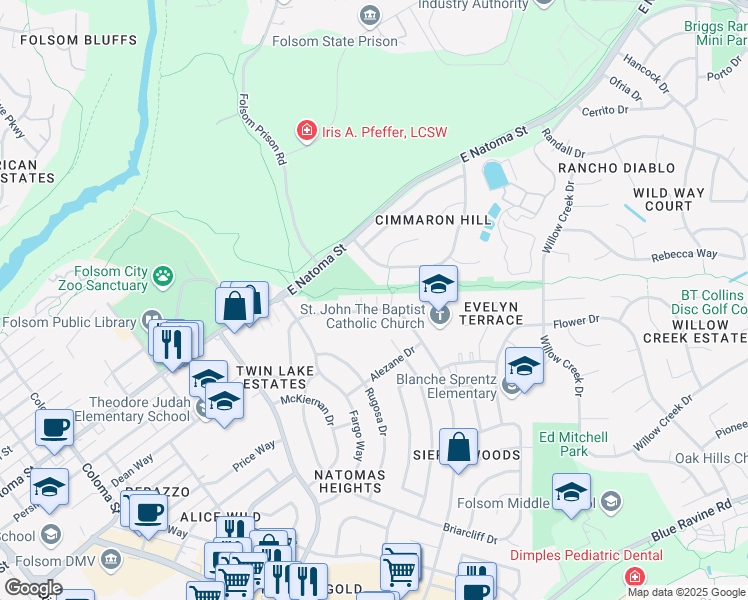 map of restaurants, bars, coffee shops, grocery stores, and more near 314 Montrose Drive in Folsom