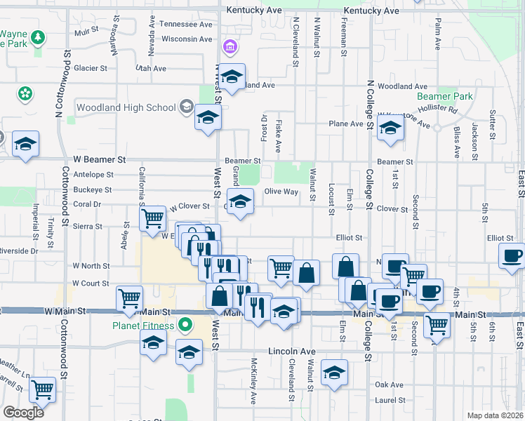 map of restaurants, bars, coffee shops, grocery stores, and more near 150 Clover Street in Woodland