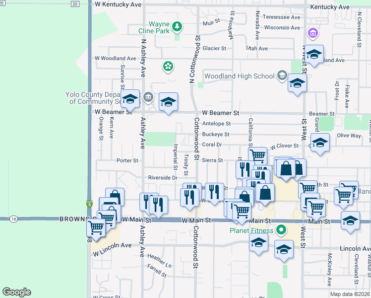 map of restaurants, bars, coffee shops, grocery stores, and more near 111 Trinity Street in Woodland