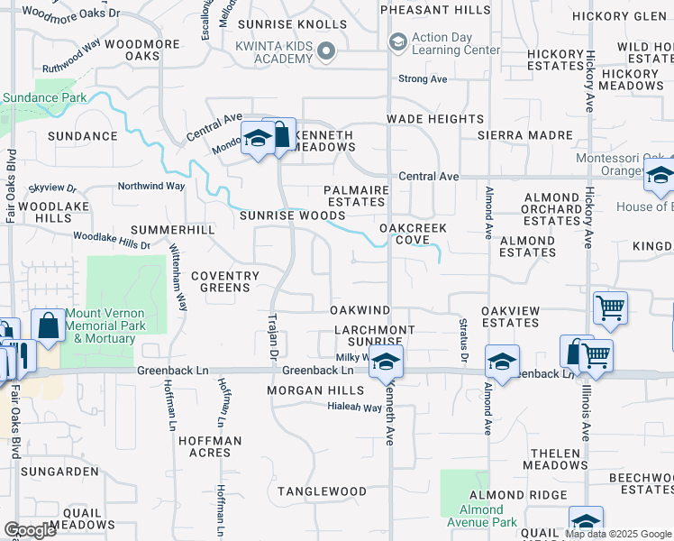 map of restaurants, bars, coffee shops, grocery stores, and more near 8461 Whispering Oak Lane in Orangevale
