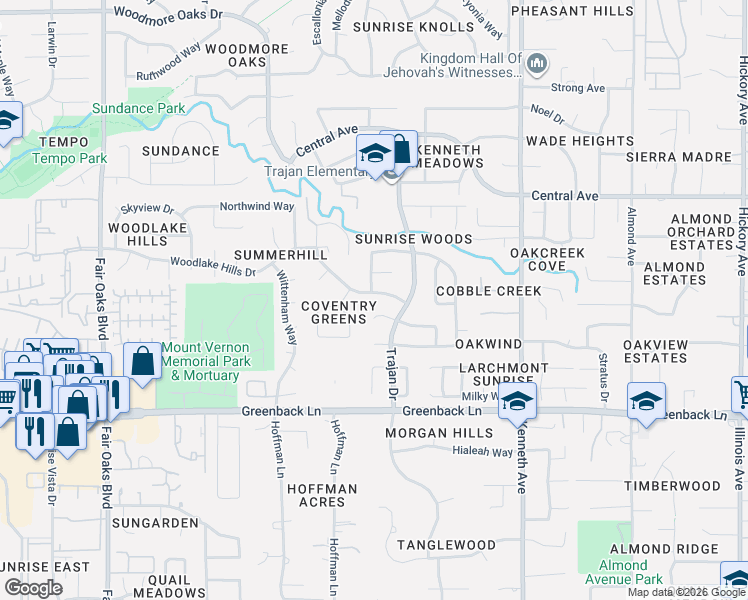 map of restaurants, bars, coffee shops, grocery stores, and more near 8305 Applewood Court in Orangevale