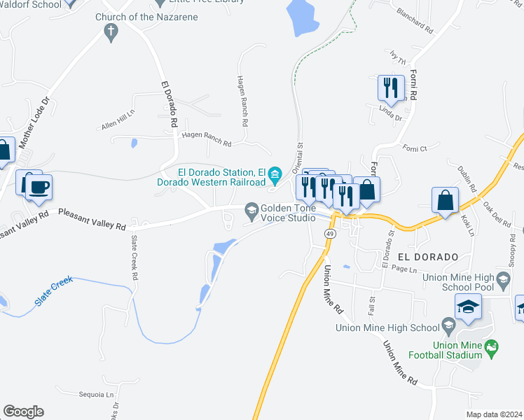 map of restaurants, bars, coffee shops, grocery stores, and more near 6124 Pleasant Valley Road in El Dorado County
