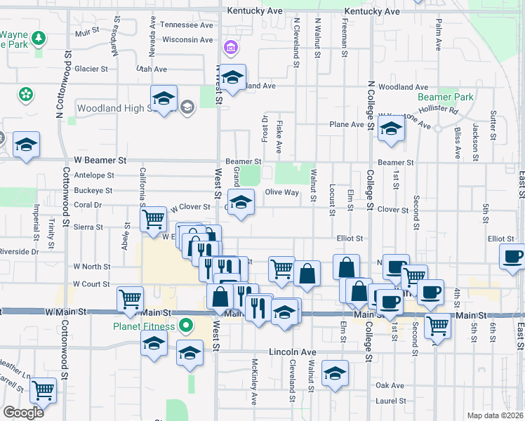 map of restaurants, bars, coffee shops, grocery stores, and more near 150 Clover Street in Woodland