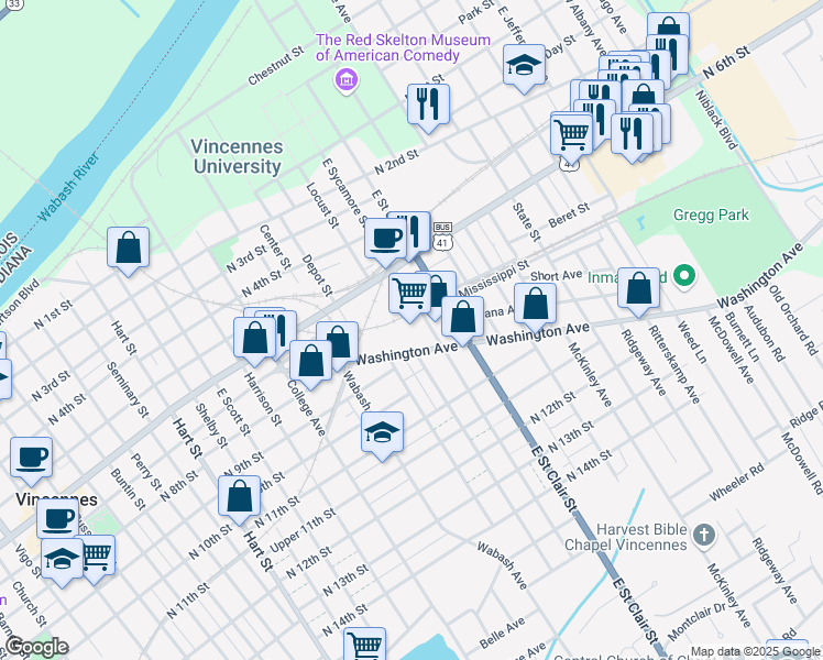 map of restaurants, bars, coffee shops, grocery stores, and more near 1400 Washington Avenue in Vincennes