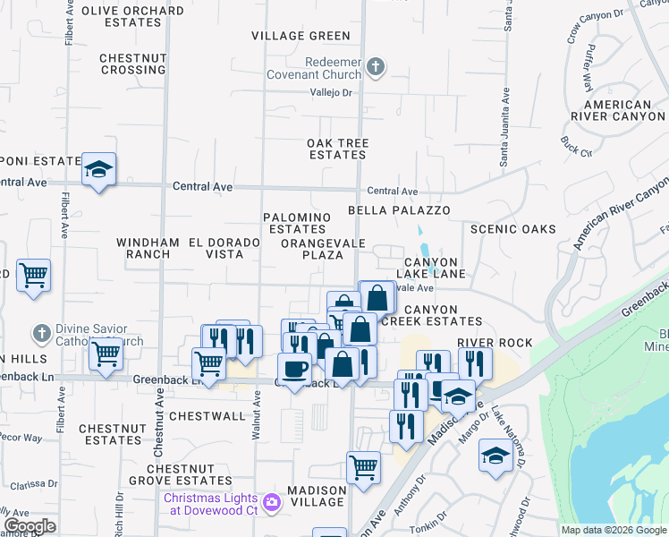 map of restaurants, bars, coffee shops, grocery stores, and more near 9327 Orangevale Avenue in Orangevale