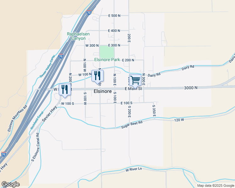map of restaurants, bars, coffee shops, grocery stores, and more near 69 North 100 East in Elsinore