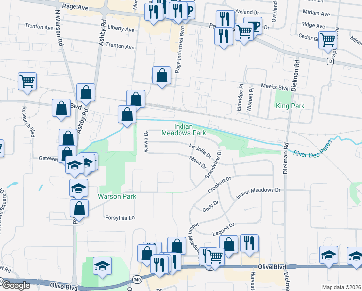 map of restaurants, bars, coffee shops, grocery stores, and more near 9621 Mesa Drive in Olivette