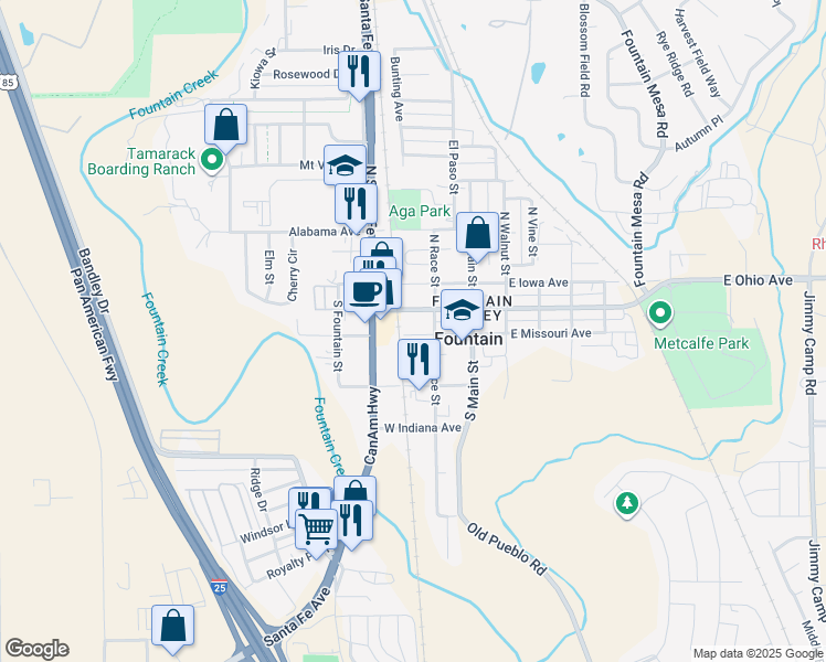 map of restaurants, bars, coffee shops, grocery stores, and more near 217 West Missouri Avenue in Fountain