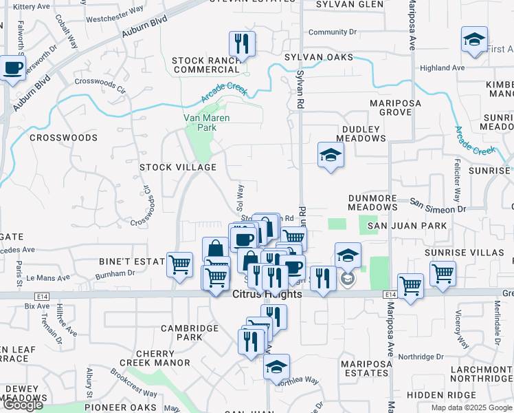 map of restaurants, bars, coffee shops, grocery stores, and more near 7375 Stock Ranch Road in Citrus Heights