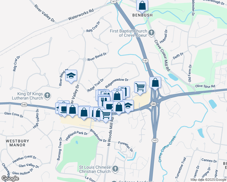map of restaurants, bars, coffee shops, grocery stores, and more near 13509 Coliseum Drive in Chesterfield