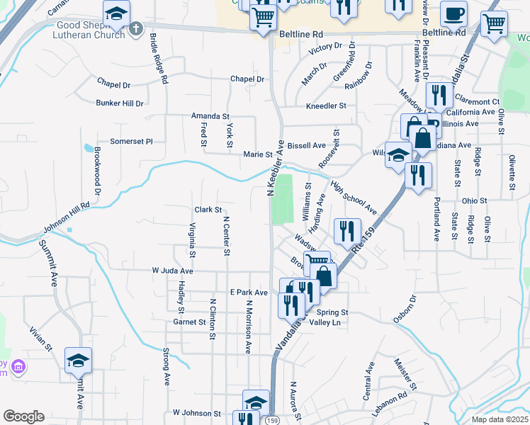 map of restaurants, bars, coffee shops, grocery stores, and more near 1005 North Keebler Avenue in Collinsville