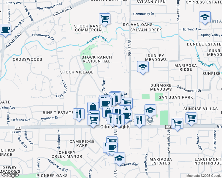 map of restaurants, bars, coffee shops, grocery stores, and more near 7375 Stock Ranch Road in Citrus Heights