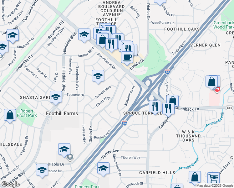 map of restaurants, bars, coffee shops, grocery stores, and more near 5300 Diablo Drive in Sacramento