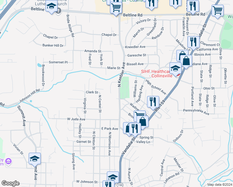 map of restaurants, bars, coffee shops, grocery stores, and more near 1000 North Keebler Avenue in Collinsville