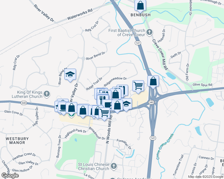 map of restaurants, bars, coffee shops, grocery stores, and more near 13509 Coliseum Drive in Chesterfield