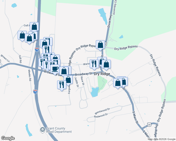 map of restaurants, bars, coffee shops, grocery stores, and more near 25 Broadway Street in Dry Ridge