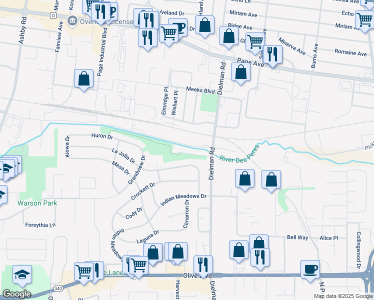 map of restaurants, bars, coffee shops, grocery stores, and more near 9415 La Jolla Drive in Olivette
