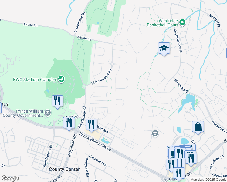 map of restaurants, bars, coffee shops, grocery stores, and more near 12428 Southington Drive in Woodbridge