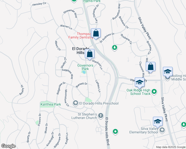 map of restaurants, bars, coffee shops, grocery stores, and more near 3052 Latham Lane in El Dorado Hills