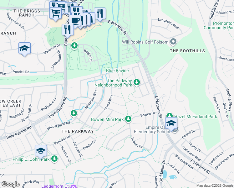 map of restaurants, bars, coffee shops, grocery stores, and more near 1632 Crowle Court in Folsom