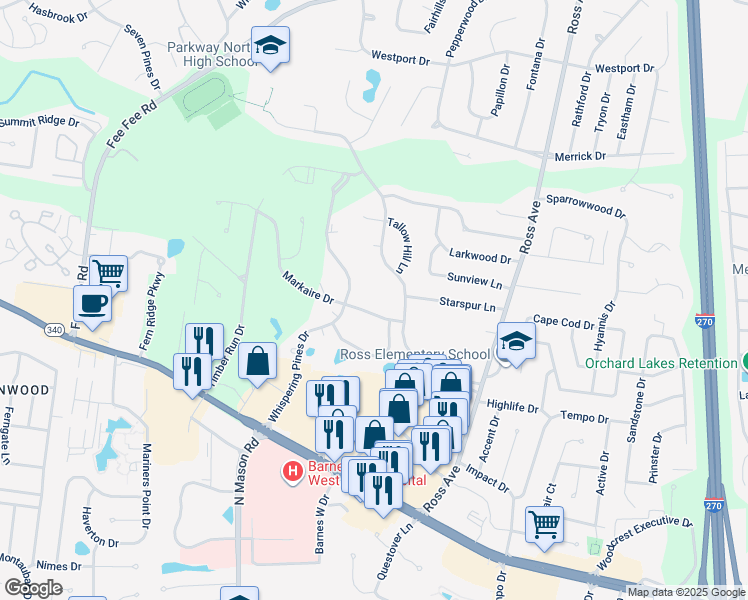 map of restaurants, bars, coffee shops, grocery stores, and more near 12545 Markaire Drive in St. Louis