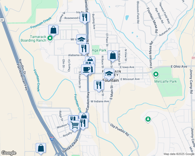 map of restaurants, bars, coffee shops, grocery stores, and more near 217 West Missouri Avenue in Fountain