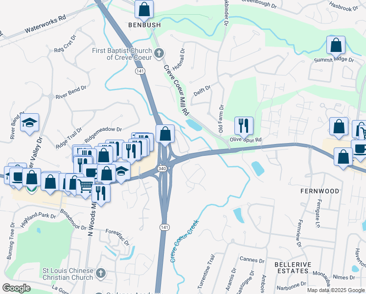 map of restaurants, bars, coffee shops, grocery stores, and more near 1255 Creve Coeur Crossing Lane in Chesterfield