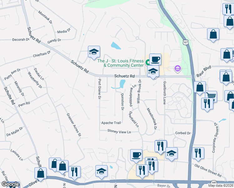 map of restaurants, bars, coffee shops, grocery stores, and more near 1153 Dunston Drive in St. Louis