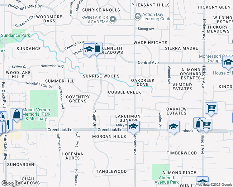 map of restaurants, bars, coffee shops, grocery stores, and more near 8461 Whispering Oak Lane in Orangevale
