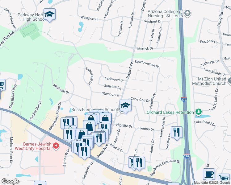 map of restaurants, bars, coffee shops, grocery stores, and more near 12508 Starspur Lane in St. Louis