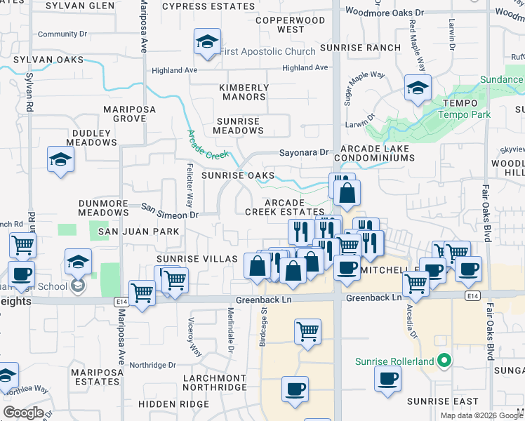 map of restaurants, bars, coffee shops, grocery stores, and more near 6371 Nightingale Court in Citrus Heights