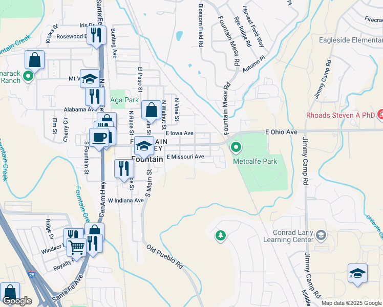 map of restaurants, bars, coffee shops, grocery stores, and more near 322 East Missouri Avenue in Fountain