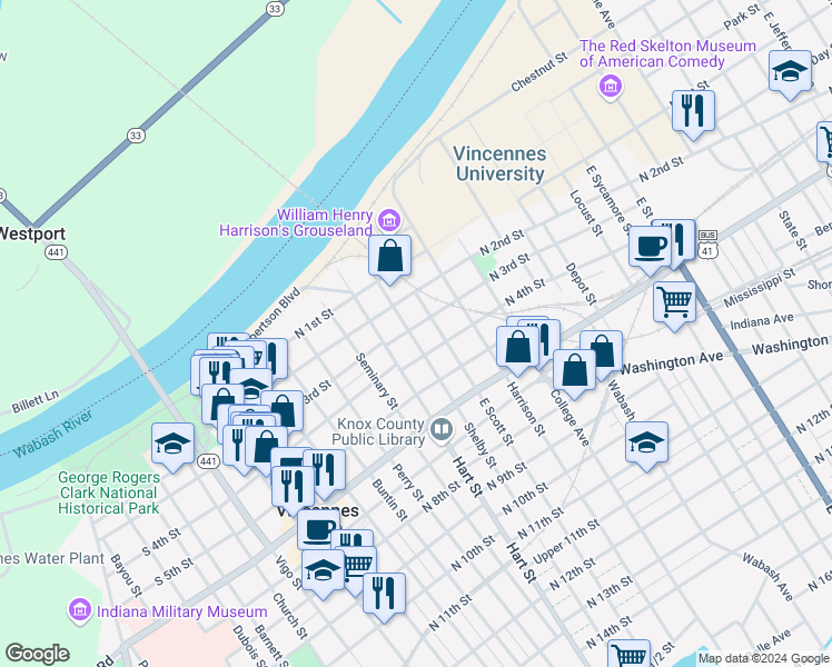map of restaurants, bars, coffee shops, grocery stores, and more near 614 North 4th Street in Vincennes