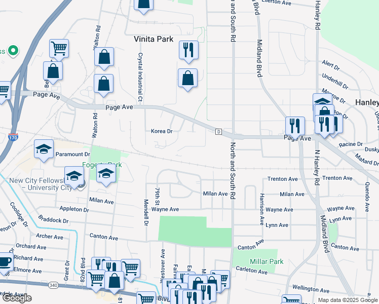 map of restaurants, bars, coffee shops, grocery stores, and more near 8422 Atherton Drive in St. Louis
