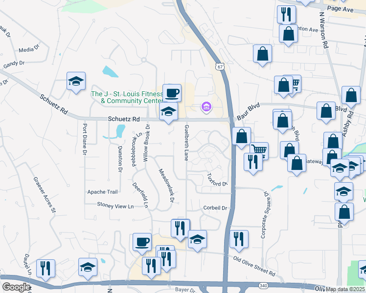 map of restaurants, bars, coffee shops, grocery stores, and more near 10388 Oxford Hill Drive in St. Louis