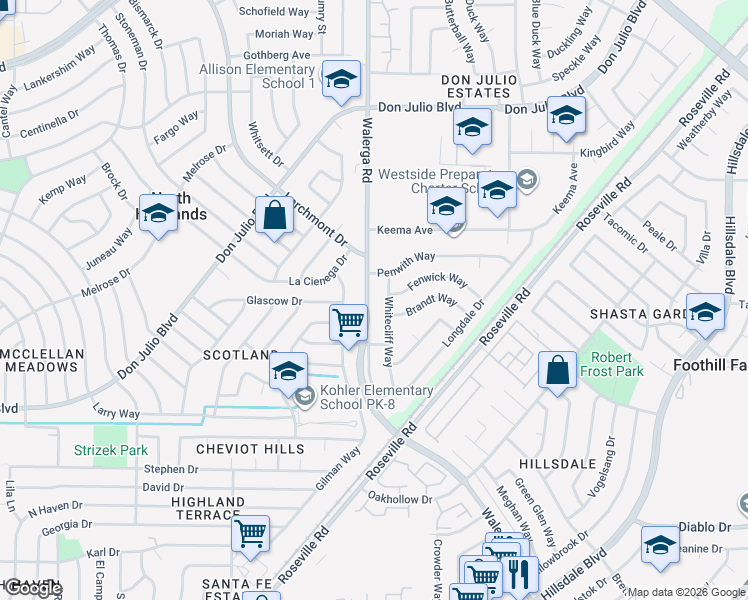 map of restaurants, bars, coffee shops, grocery stores, and more near 6316 Walerga Road in North Highlands