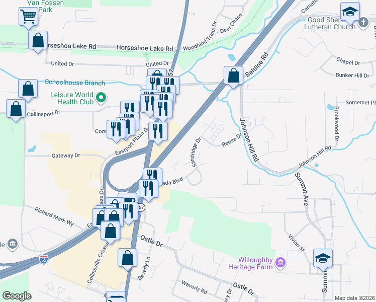 map of restaurants, bars, coffee shops, grocery stores, and more near 169 Sandridge Drive in Collinsville