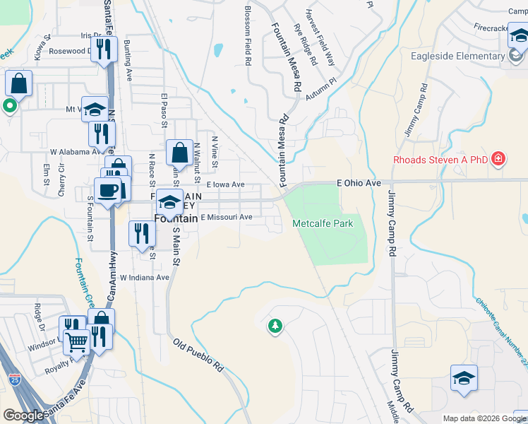 map of restaurants, bars, coffee shops, grocery stores, and more near 505 East Missouri Avenue in Fountain