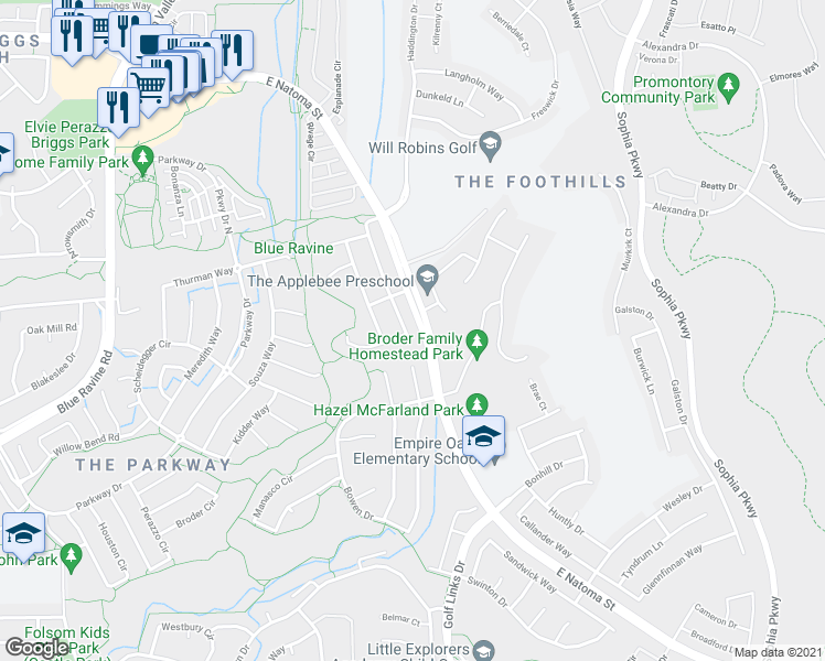 map of restaurants, bars, coffee shops, grocery stores, and more near 1169 Fergusen Way in Folsom