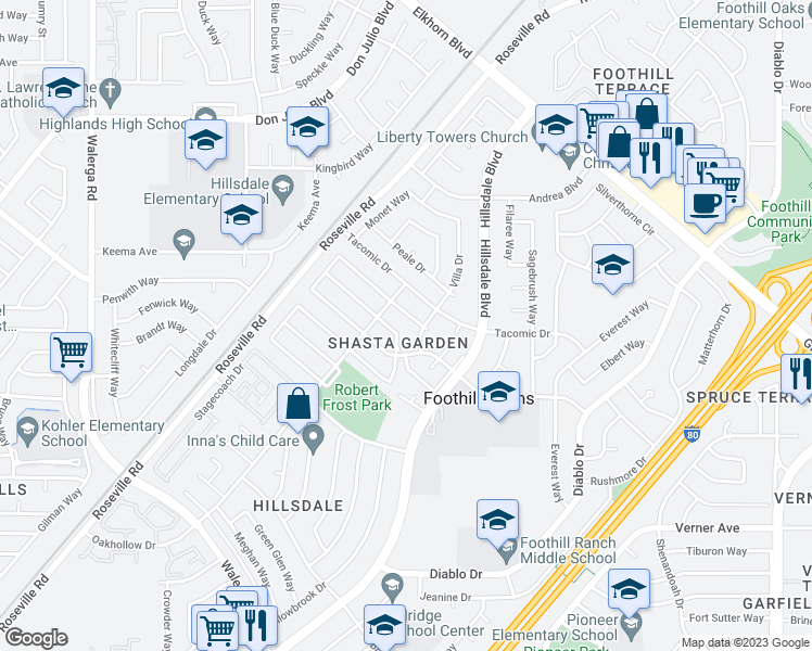 map of restaurants, bars, coffee shops, grocery stores, and more near 4816 Lewis Carroll Way in Sacramento