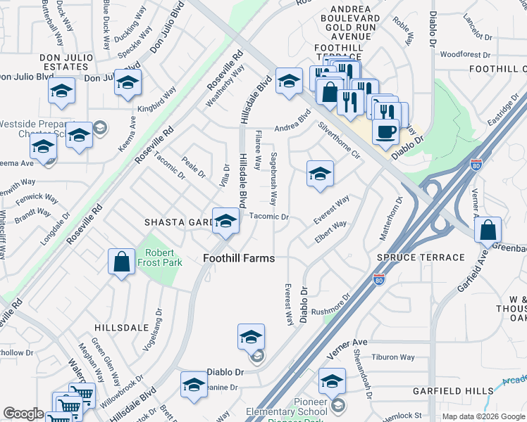 map of restaurants, bars, coffee shops, grocery stores, and more near 5021 Tacomic Drive in Sacramento